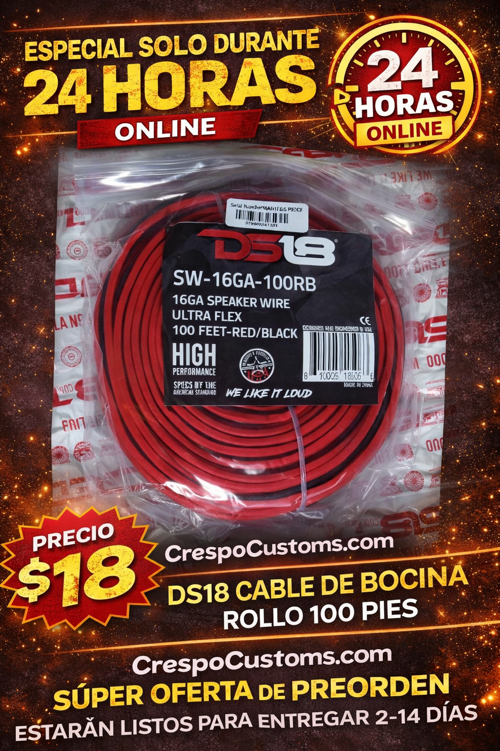 SOLO 24 Horas DS18 Rollo Cable Bocina 100 Pies