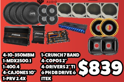 Combo Brazilenos 10 4-10-350MBM 1-MDX2500.1 1-400.4 4-Cajones 10 1-PRV 2.4X 1-Crunch 7 Band 4-Copos 2 6-PHB Drive 6 Itek