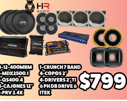 Combo Brazilenos 12 3-12-400MBM 1-MDX2500.1 1-QS400.4 3-Cajones 12 1-PRV 2.4X 1-Crunch 7 Band 4-Copos 2 6-PHB Drive 6 Itek