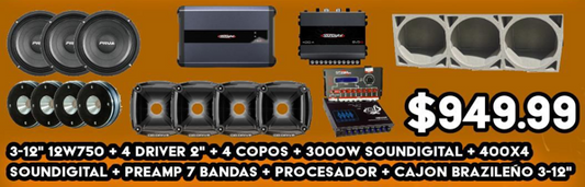 3-12'' 12W750 + 4 Driver 2'' + 4 Copos + 3000W Soundigital + 400x4 + Preamp 7 Bandas + Procesador + Cajon Brazileño 3-12''