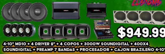 4-10'' MD10 + 4 Driver 2'' + 4 Copos + 3000W Soundigital + 400x4 + Preamp 7 Bandas + Procesador + Cajon Brazileño 4-10''