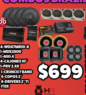 Combo Brazilenos 10 4-WDX7MR10-8 1-MDX2500 1-400.4 4-Cajones 10 1-PRV 2.4X 1-Crunch 7 Band 4-Copos 2 4-Drivers 2 TI Itek