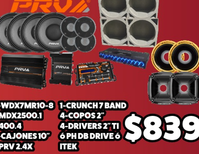 Combo Brazilenos 10 4-WDX7MR10-8 1-MDX2500.1 1-400.4 4-Cajones 10 1-PRV 2.4X 1-Crunch 7 Band 4-Copos 2 6-PHB Drive 6 Itek