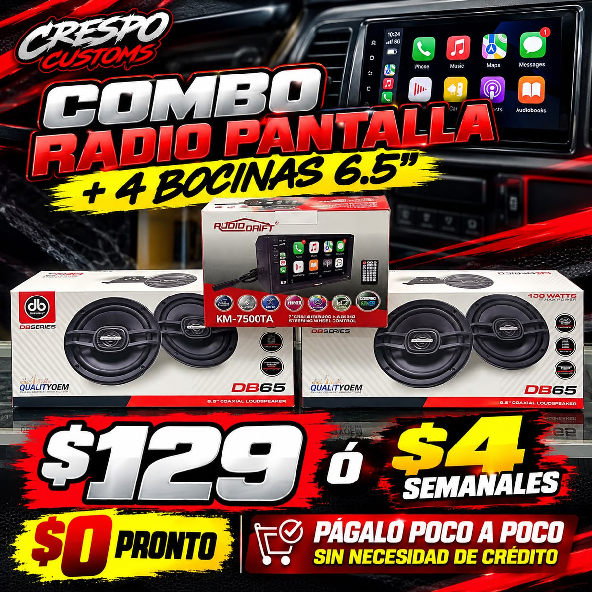COMBO RADIO PANTALLA + 4 BOCINAS 6.5"